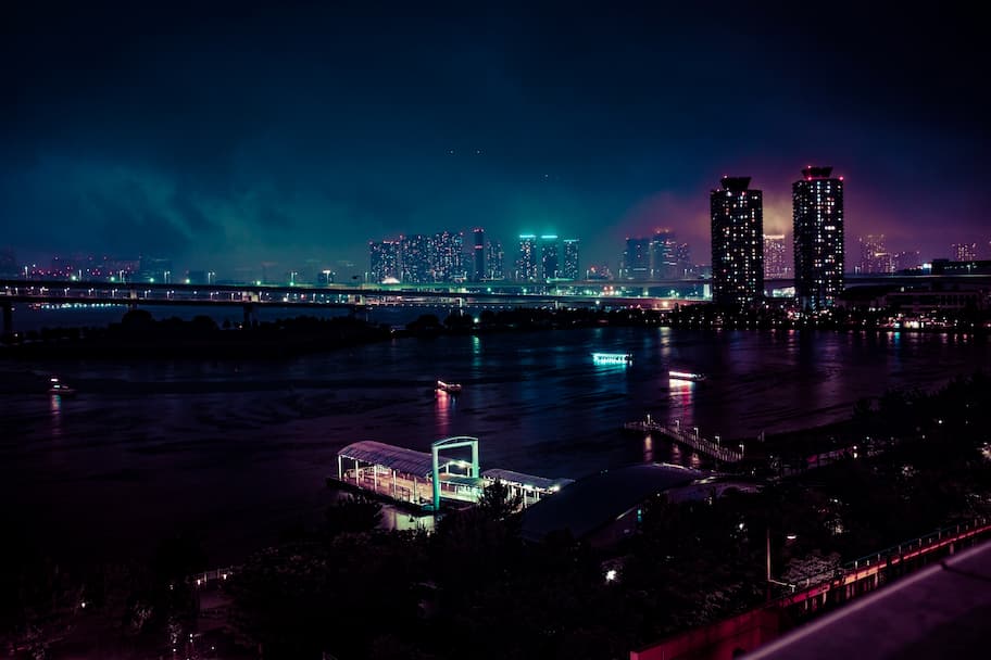 Odaiba city in Japan, photographed during night. There are lots of pretty lights thruout the city. Odaiba restaurants are nearby.