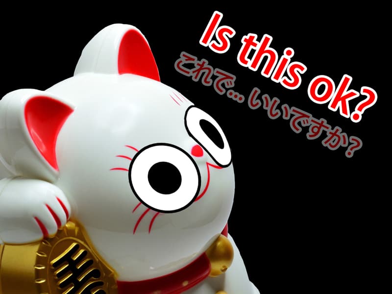 White Lucky cat with the words "Is this ok?" written next to it