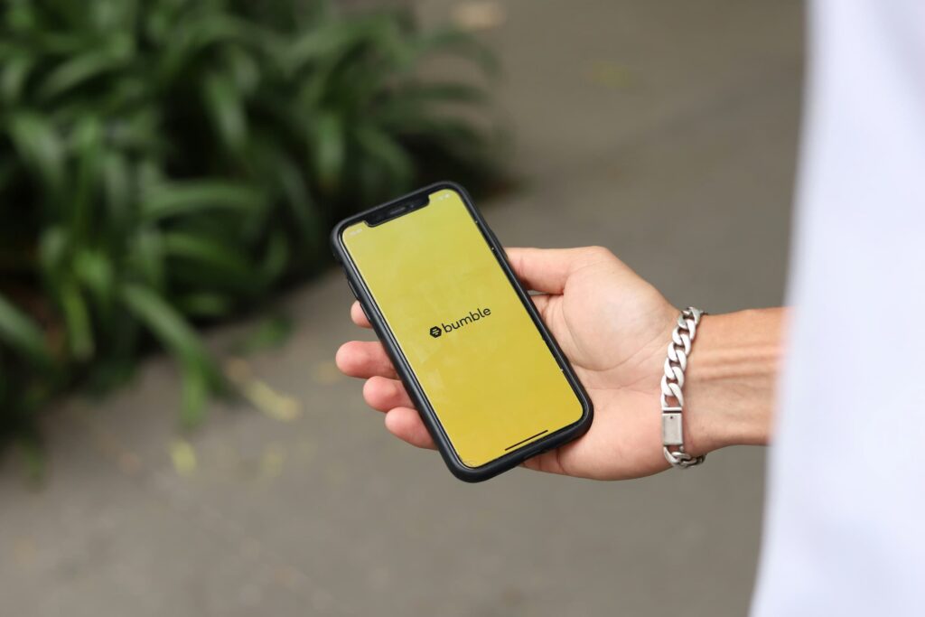 A phone displaying the app Bumble, a popular app for dating in Japan.