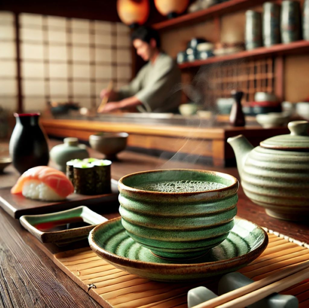A Cup of matcha tea in a traditional green cup at a best sushi restaurant in Tokyo, where in the background a sushi master is preparing sushi.