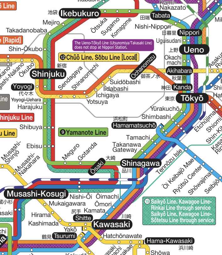 Map of JR line train network in Central Tokyo showing lines connecting areas such as Ueno, Shinjuku, Shibuya, and other transporation hubs