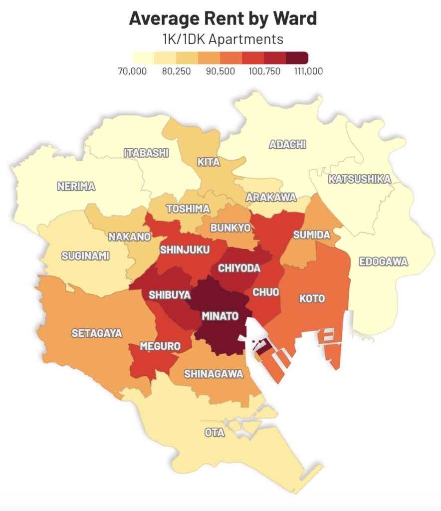Map of showing average rent for each of Tokyo's 23 Wards for people living in tokyo. The most expensive wards such as Minato are in the center while the outer wards are cheaper.