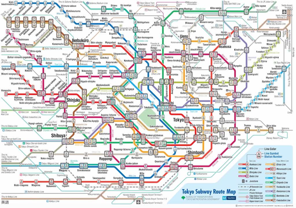 Map showing the Toei and Tokyo Metro train networks connecting all the stations in Tokyo